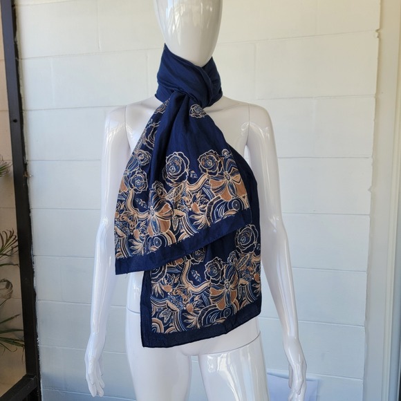 Vintage Accessories - Vintage Navy Blue‎ Large XL Scarf 72"/32" Brown Gold Roses Soft Fabric Romantic